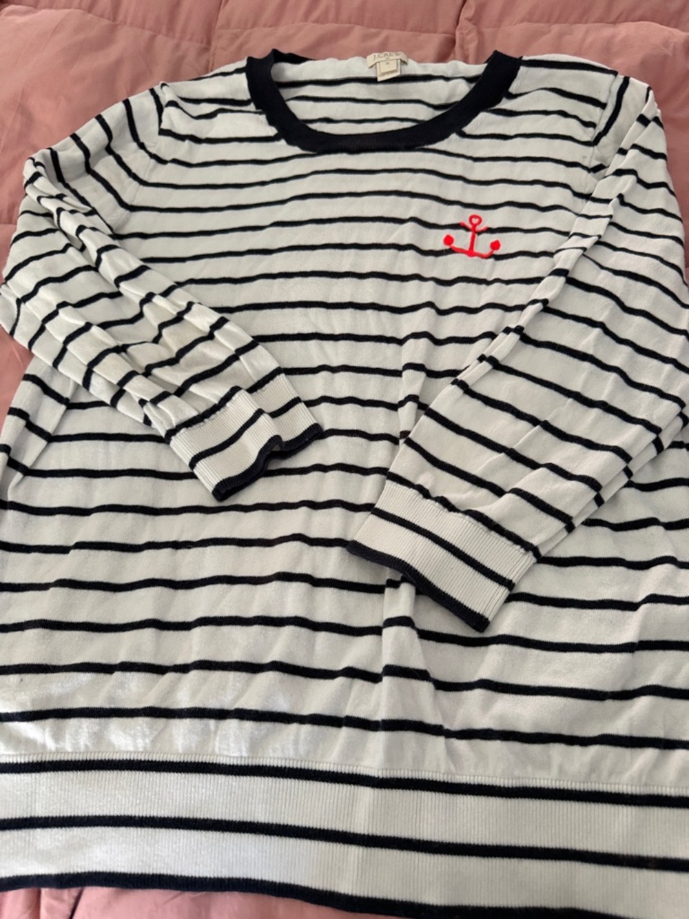 J. Crew White and Black Striped Crewneck Sweater with Red Anchor